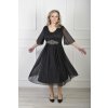 Čierne midi spoločenské šaty s jemným trblietaním a zdobeným pásom 22607
