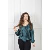 Elegantná tmavozelená dámska blúzka s volánmi v saténovom vzhľade 23063