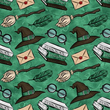 škola kouzel klobouky na zelené 723025 (vyberte materiál zimní softshell elastický (šíře 150cm) 280g  10000/10000)