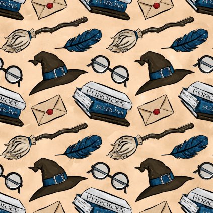 škola čar a kouzel modré klobouky na béžové 723047 (vyberte materiál zimní softshell elastický (šíře 150cm) 280g  10000/10000)