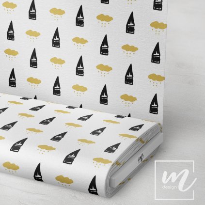 758147 černo zlatý domeček s mrakem látka 3