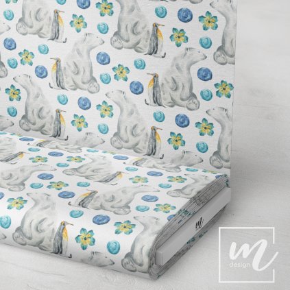 702004 akvarel best friends medvěd a tučňák a modré koule látka 3