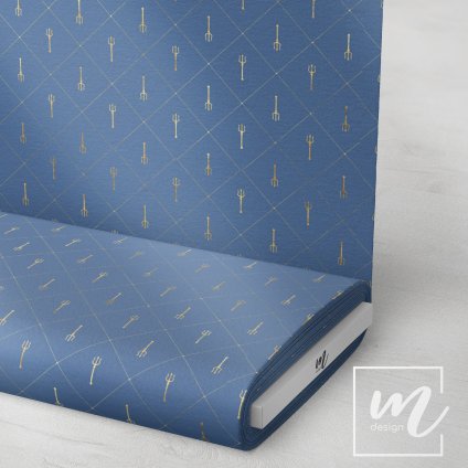 732063 zlatý trojzubec na modré látka 3