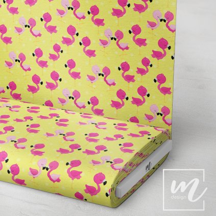 728017 růžový plameňáci na žluté látka 3