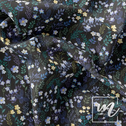 710042 1 meadow jemné luční kvítí blankytné s motýli na černé látka