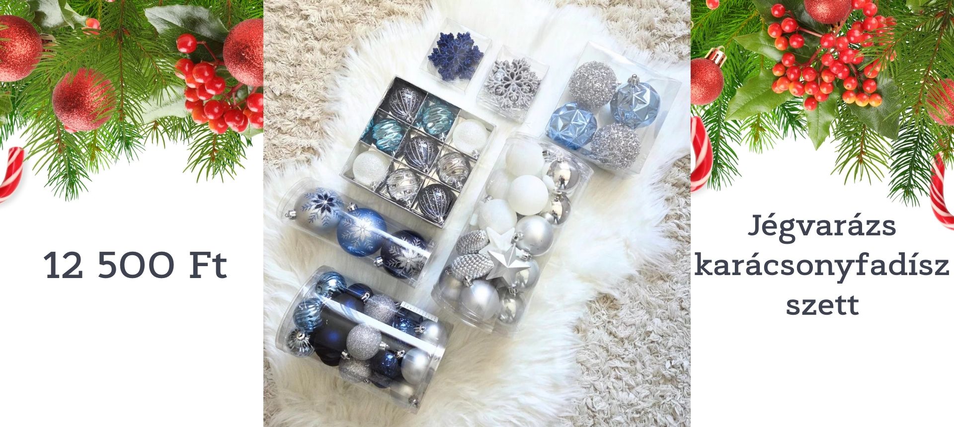 Élethű karácsonyfa, amelyet piros, arany, fehér és kék gömbdíszekkel, valamint arany hópehellyel díszítenek – ünnepi hangulat vásárlásra ösztönözve.