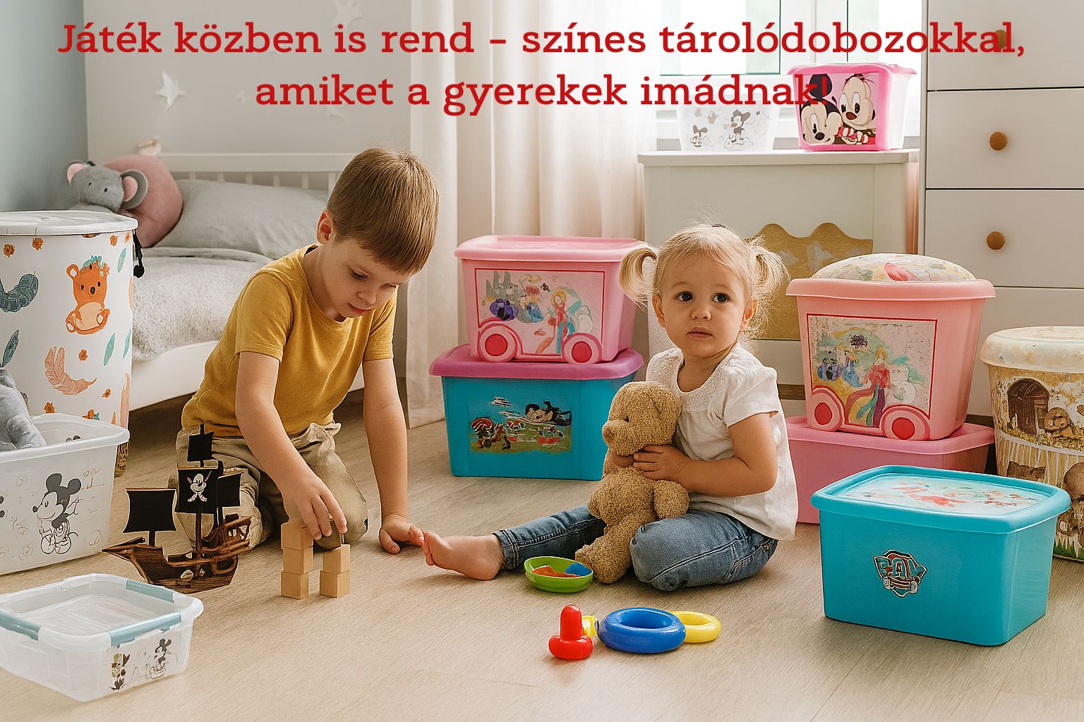 Vidám gyerekszoba, ahol a gyerekek játszanak, körülöttük színes, mesefigurás tárolódobozok – játék közben is rend és vidám hangulat.