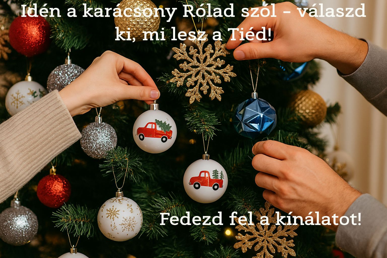 Élethű karácsonyfa, amelyet piros, arany, fehér és kék gömbdíszekkel, valamint arany hópehellyel díszítenek – ünnepi hangulat vásárlásra ösztönözve.
