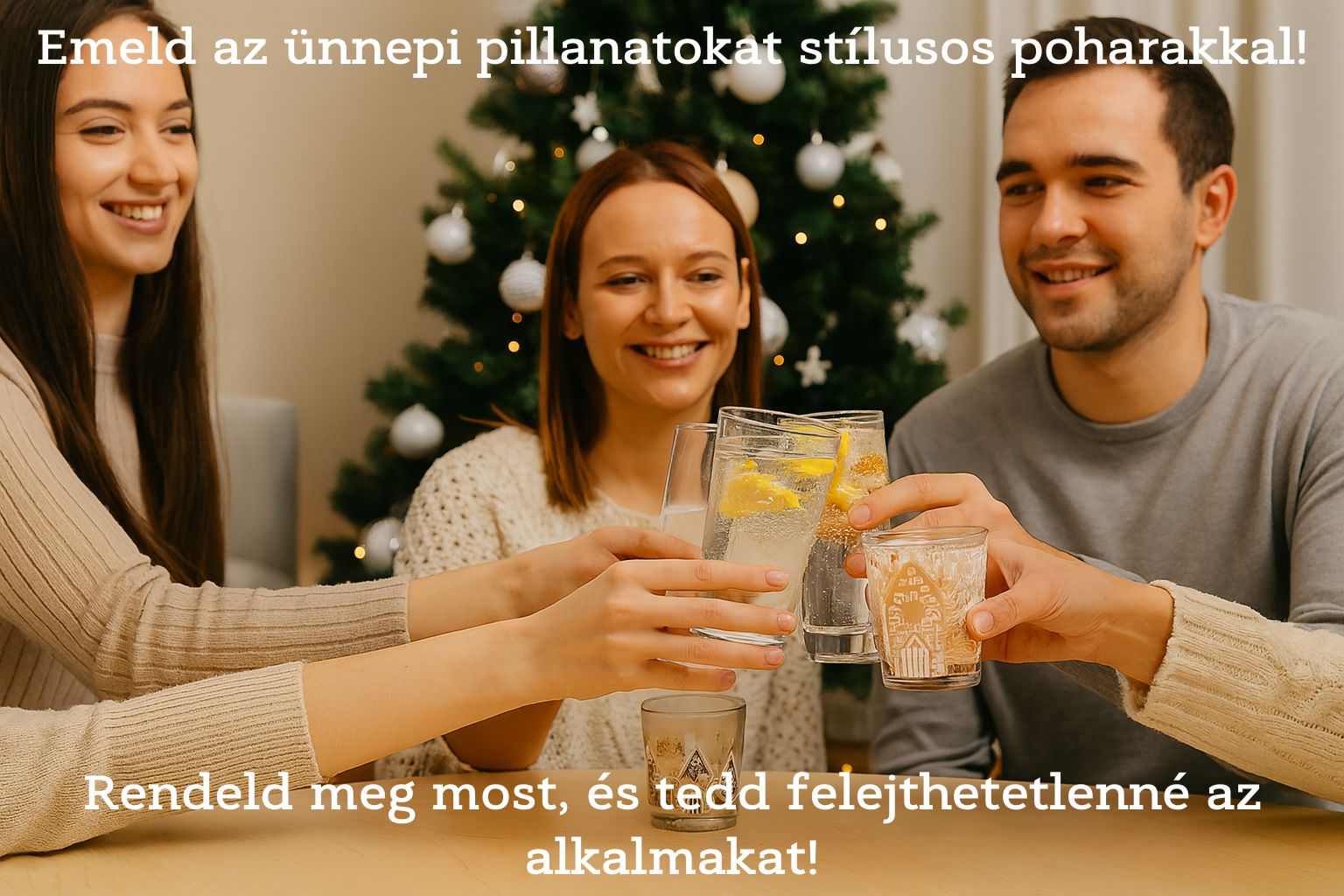 Baráti társaság ünnepi asztalnál, különleges mintás poharakból koccintanak – stílusos üvegpoharak minden alkalomra.