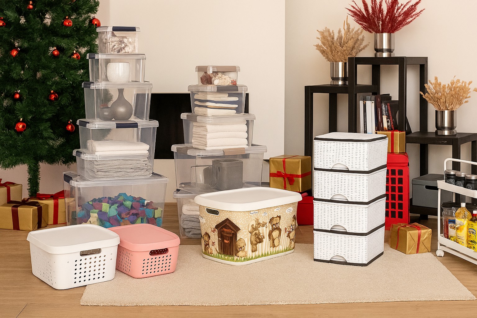 Világos, ünnepi hangulatú banner komódokkal, tárolódobozokkal és polcos tárolókkal – praktikus megoldások otthonra vagy ajándéknak.
