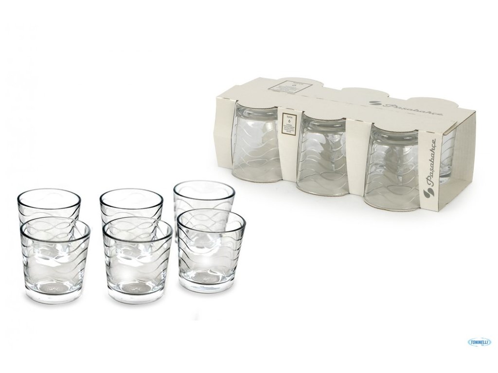 Hat darab Toros pohár félkörben elrendezve, eredeti csomagolásban, Pasabahce márkajelzéssel