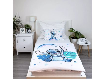 Stitch mintás gyerek ágyneműhuzat beágyazva, szivárványos párnával