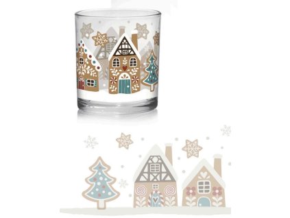 Karácsonyi pohár házikó mintával, hóeséses tájjal és karácsonyfával, 220 ml es űrtartalommal