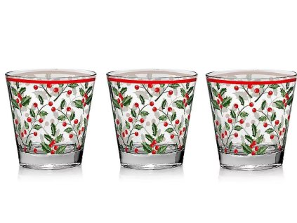 Három darab karácsonyi pohár fenyőleveles és bogyós mintával, piros szegéllyel, 250 ml es űrtartalommal