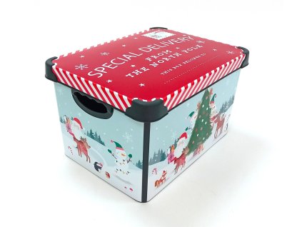 karacsonyi-mintas-tarolo-doboz-17l-special-delivery.jpg – Karácsonyi mintás műanyag tároló doboz 17L, piros tetővel