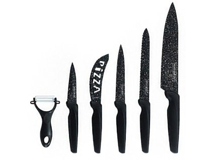 ZP-655 6 részes márvány bevonatú késkészlet fekete pengékkel, pizzavágóval és hámozóval, ergonomikus markolattal.