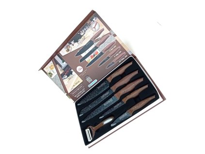 Royalty Line RL-WD5D 6 részes rozsdamentes acél késkészlet faerezet mintás markolattal, 5 konyhakéssel és egy hámozóval díszdobozban.