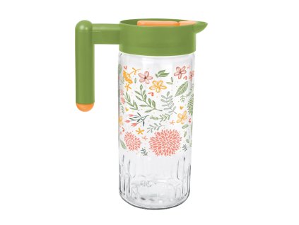 Üveg kancsó 1,46 literes, színes virágmintás dekorációval és műanyag tetővel, italok tárolására és szervírozására.