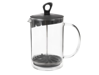 Tea–kávé készítő 660 ml-es hőálló üvegtesttel, beépített szűrővel és fekete fedéllel.
