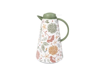 Virág mintás termosz kancsó 1,55 literes kivitelben, zöld tetővel, kiöntős mechanizmussal és színes dekorációval.
