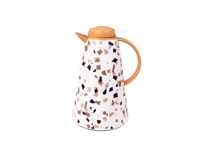 Mozaik mintás termosz kancsó 1,55 literes kivitelben, mustársárga tetővel, kiöntős mechanizmussal és terrazzo stílusú dekorációval.