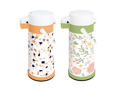 Pumpás virágmintás termosz 1,8 literes kivitelben, zöld tetővel és aljjal, dekoratív színes virágmintával, adagoló pumpával.