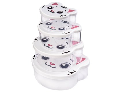 Cicás ételtároló szett 4 darabos, egymásba rakható átlátszó dobozokkal és fehér, macskás mintás fedéllel.