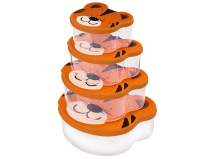 Oroszlános ételtároló szett 4 darabos, egymásba rakható átlátszó dobozokkal és narancssárga, mosolygós oroszlán mintás fedéllel.