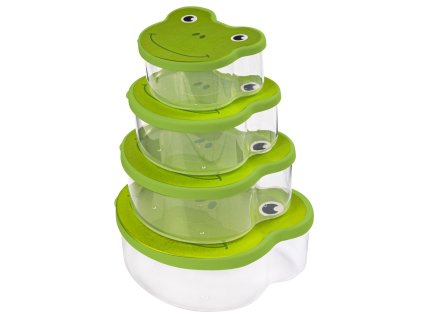 Békás ételtároló szett 4 darabos, egymásba rakható átlátszó dobozokkal és zöld, mosolygós béka mintás fedéllel.