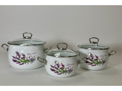 Levendula mintás zománcozott lábas szett 3 darabos, különböző méretű edények hőálló üveg fedővel.