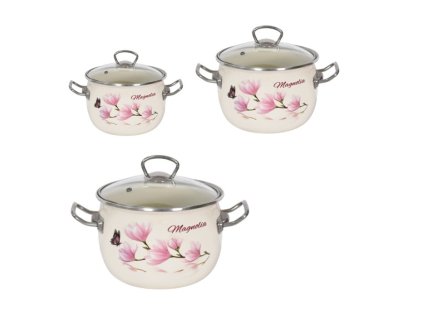 Háromrészes zománcozott lábas szett Magnólia mintával – különböző méretű edények üveg fedővel, romantikus dizájnnal.
