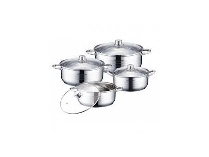 Bachmayer BM-3012 edénykészlet – 8 részes rozsdamentes acél szett üvegfedőkkel, különböző méretű edényekkel.