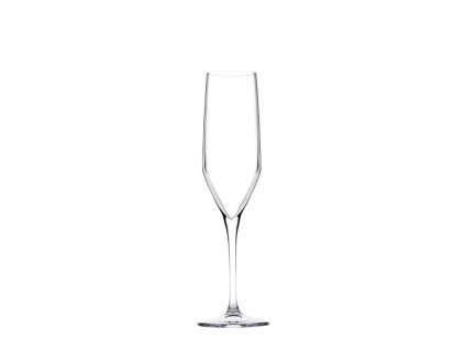 Átlátszó, hosszú szárú, karcsú pezsgőspohár fehér háttér előtt.