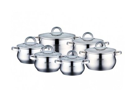12 részes inox edénykészlet üvegfedőkkel, különböző méretű rozsdamentes acél lábasokkal