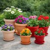 Dália virágedények alátéttel, különböző színekben, virágokkal beültetve kültéren