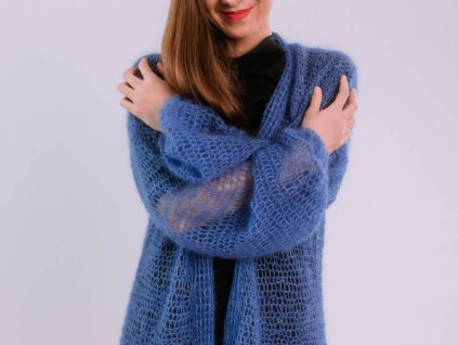 RUČNE PLETENÝ MOHÉROVÝ KARDIGÁN TEDD (MODRÝ) | MIESTNI