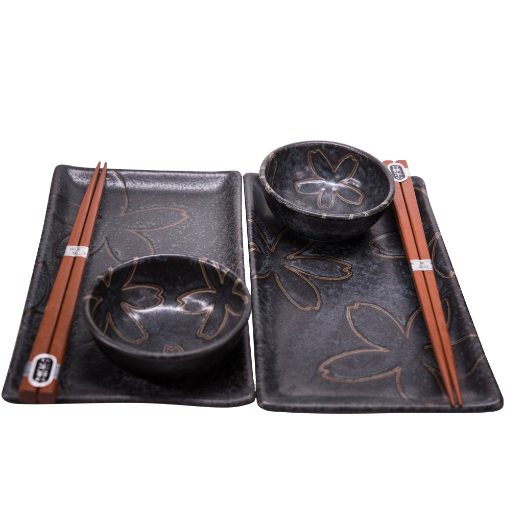 Sushi Set MT black with stylized flowers 4 pcs with Chopsticks