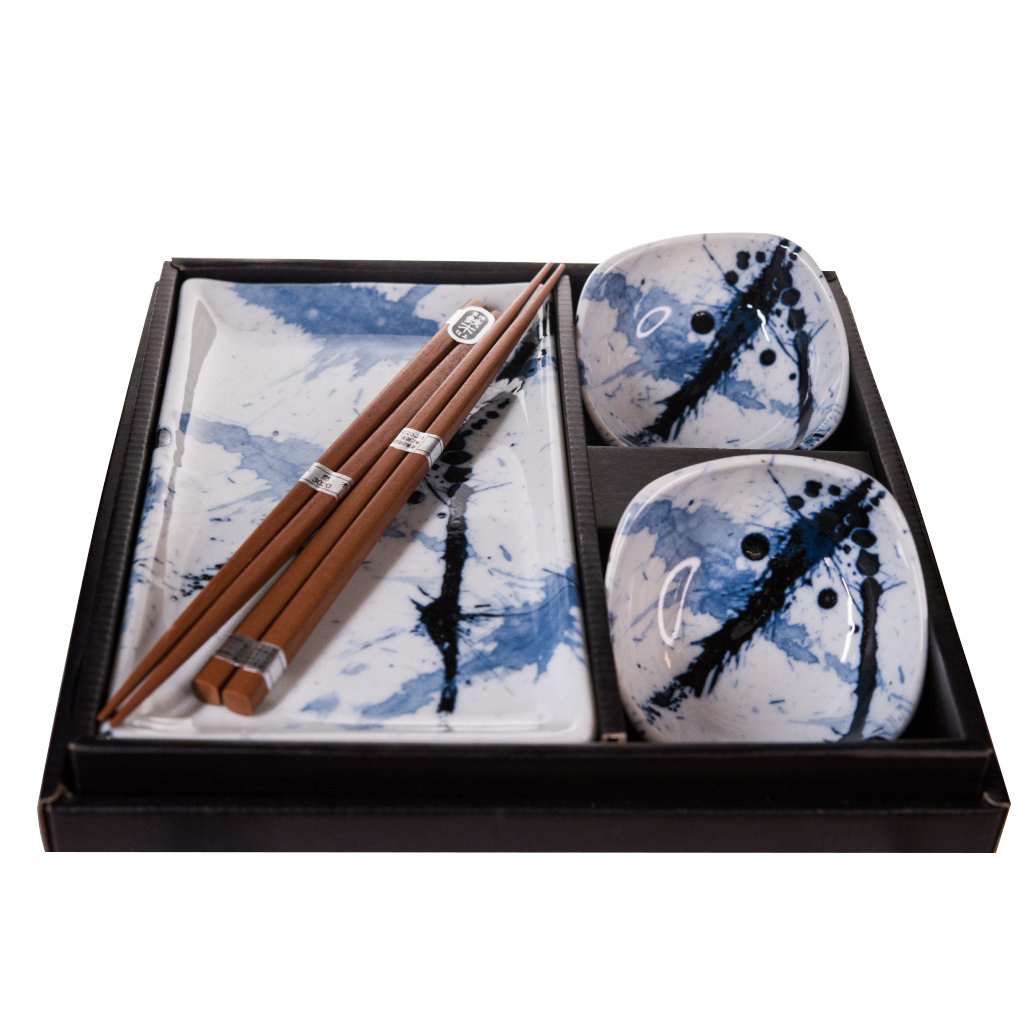 Sushi Set Blue & White Splash 4 pcs with Chopsticks - Made In