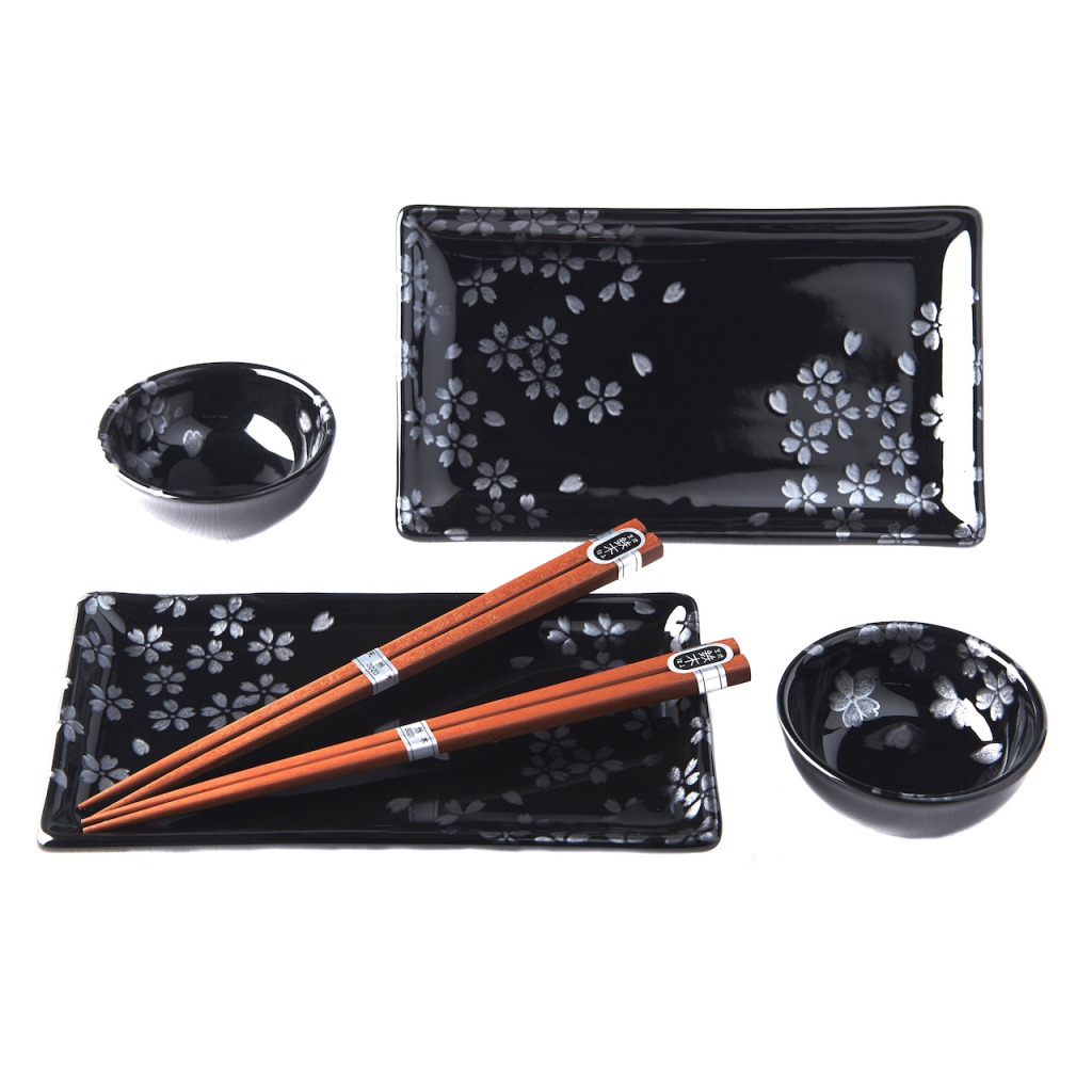 Sushi Set Black Sakura 4 pcs with Chopsticks - Made In Japan Europe