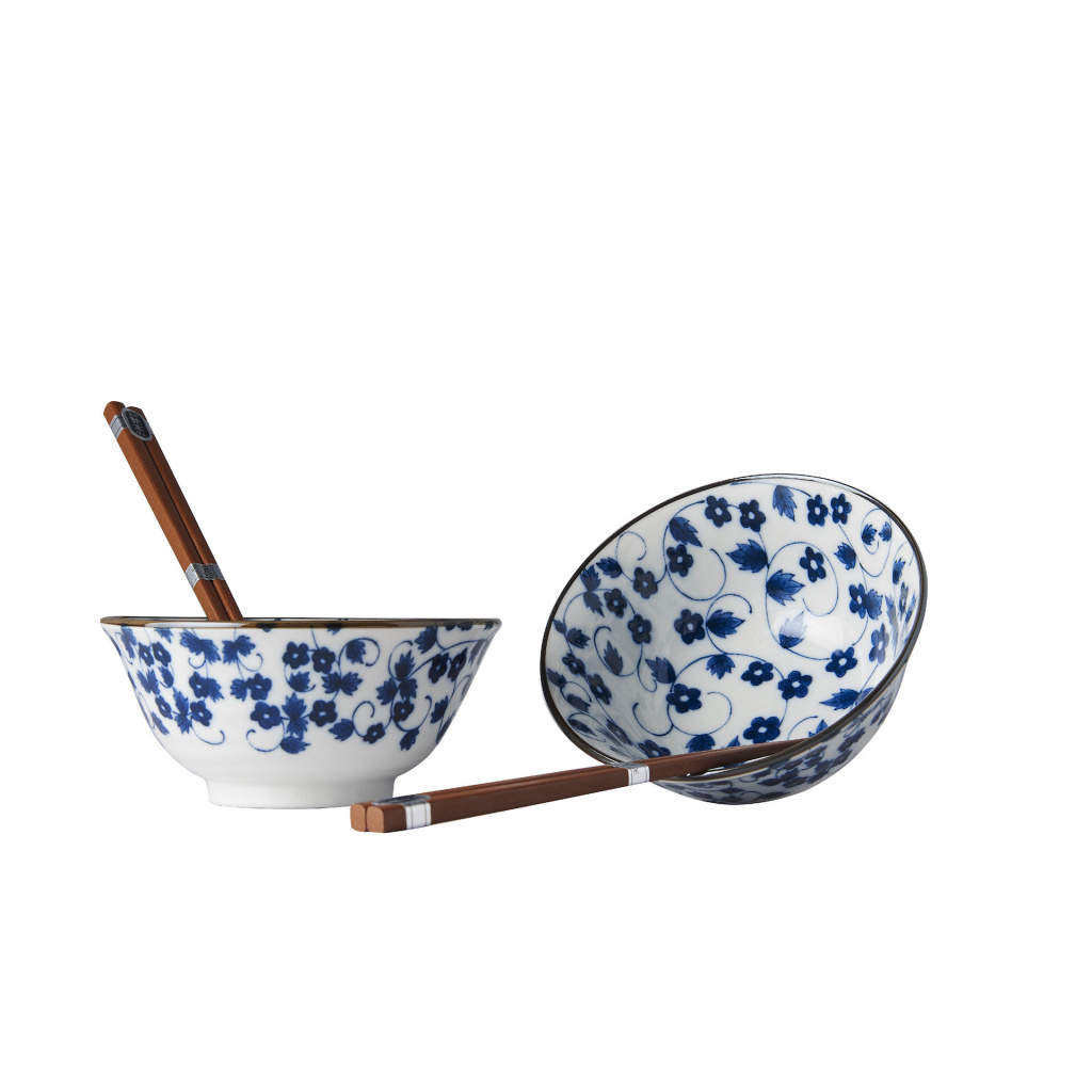 Bowl Set Daisy Pattern on White 2 x 400 ml with Chopsticks