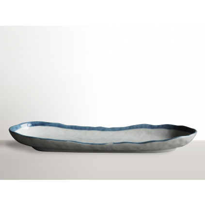 Oval sushi plate with blue rim 33 x 10 cm