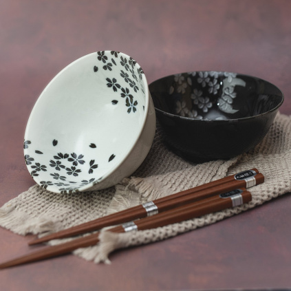 Bowl set with chopsticks Silver Sakura