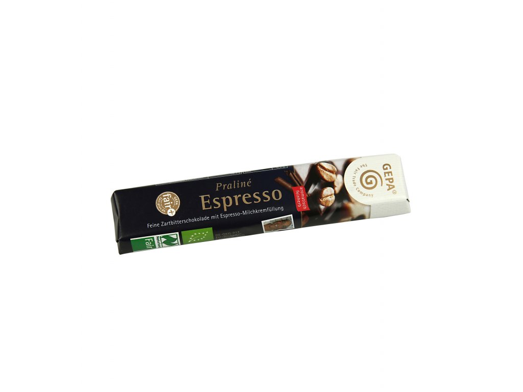 BIO hořká čokoláda Praliné Espresso, tyčinka s kávou, 37,5 g