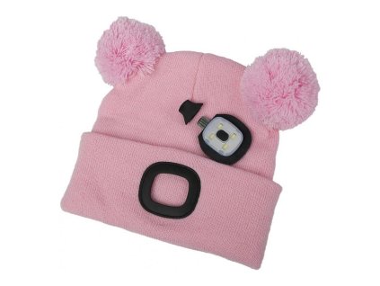 Čepice LED dětská s bambulí, 4xSMD LED, USB nabíjení, růžová, M