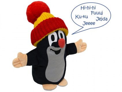 Hovoriaca plyšová maňuška Krtko s červeno-žltou čiapkou