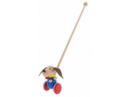 Drevená hračka na tlačenie so zvončekom psík