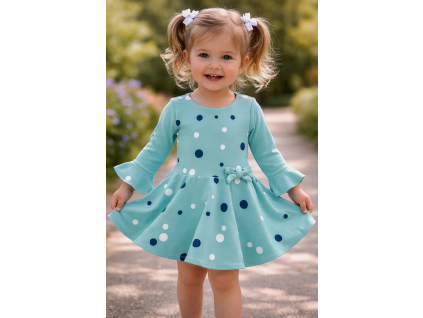Dievčenské šaty s dlhým rukávom- Bodkované, tyrkysové