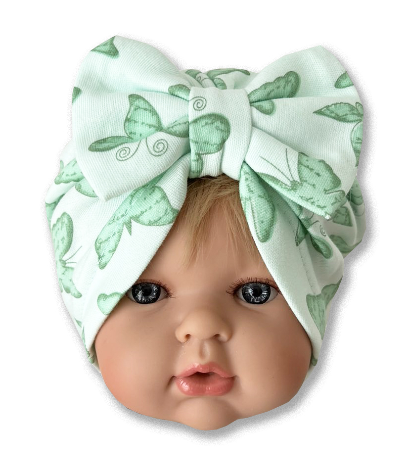 KAYRA baby Detská turbánová čiapka- Motýlik, zelená 0-9m.