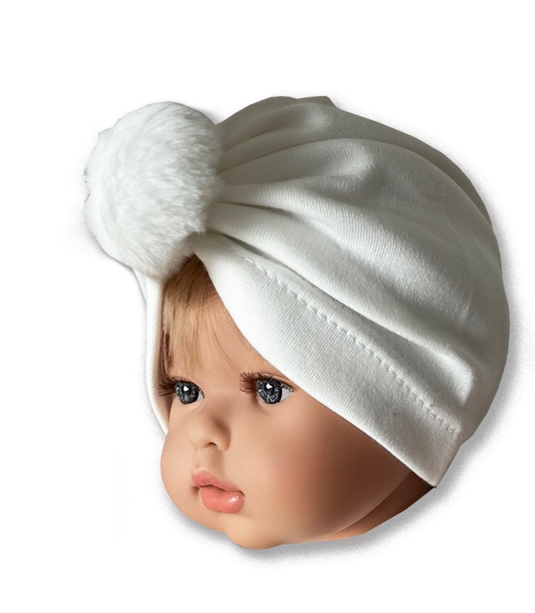 KAYRA baby Detská turbánová čiapka- Brmbolček, biela 0-9m.