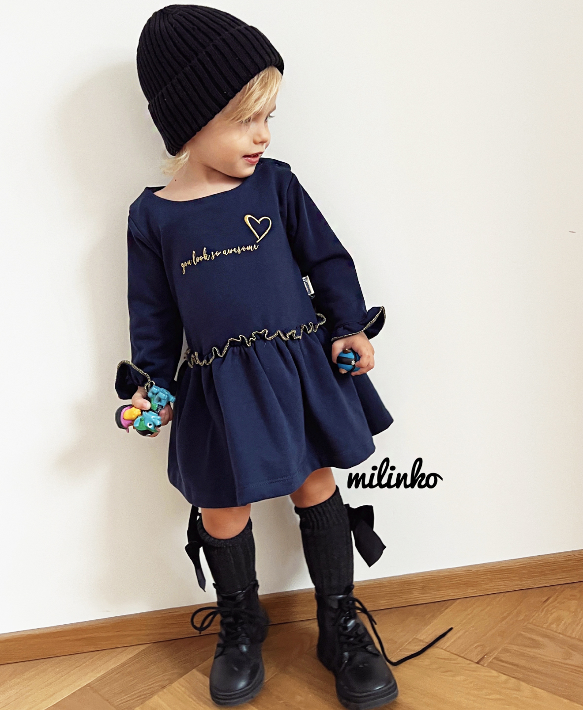 Miniworld Dievčenské šaty s dlhým rukávom-Vyzeráš úžasne, tmavomodré veľkosť: 92 (18-24m)